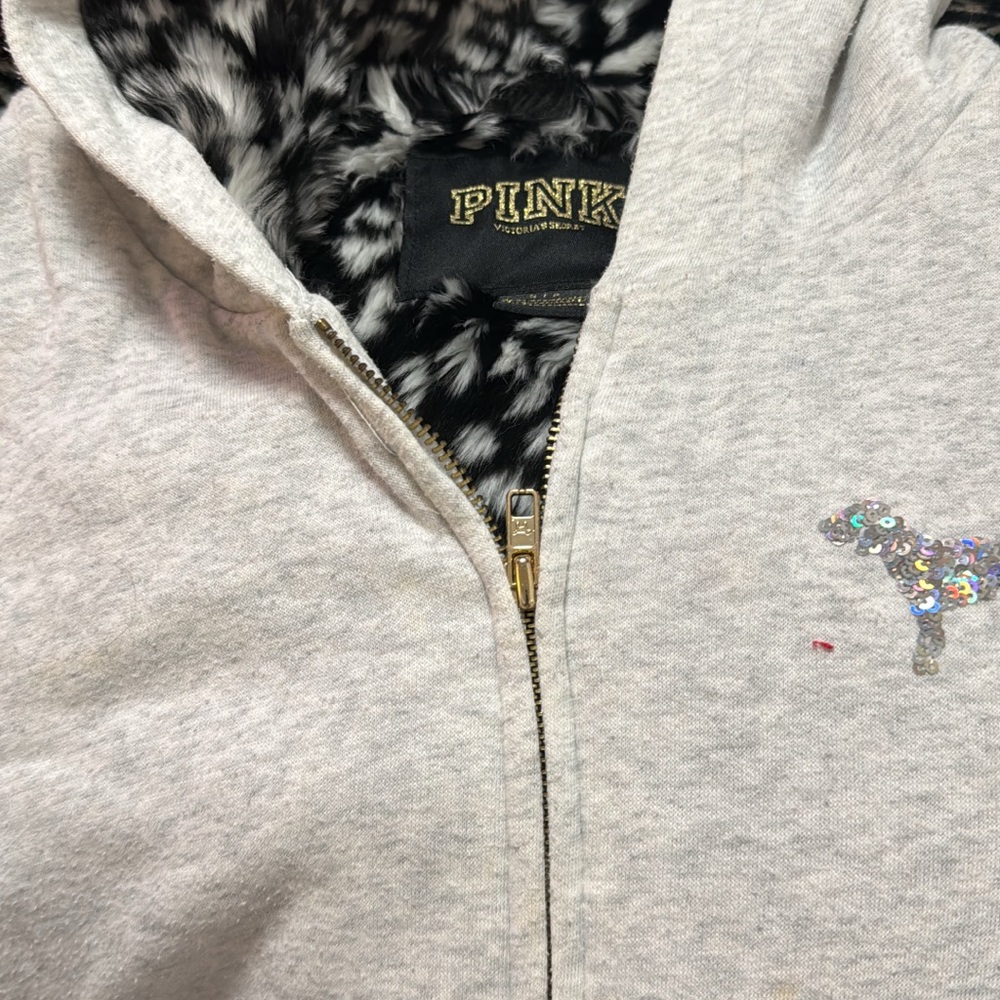 Pink Gray Zip-Up Hoodie with Sequin Dog